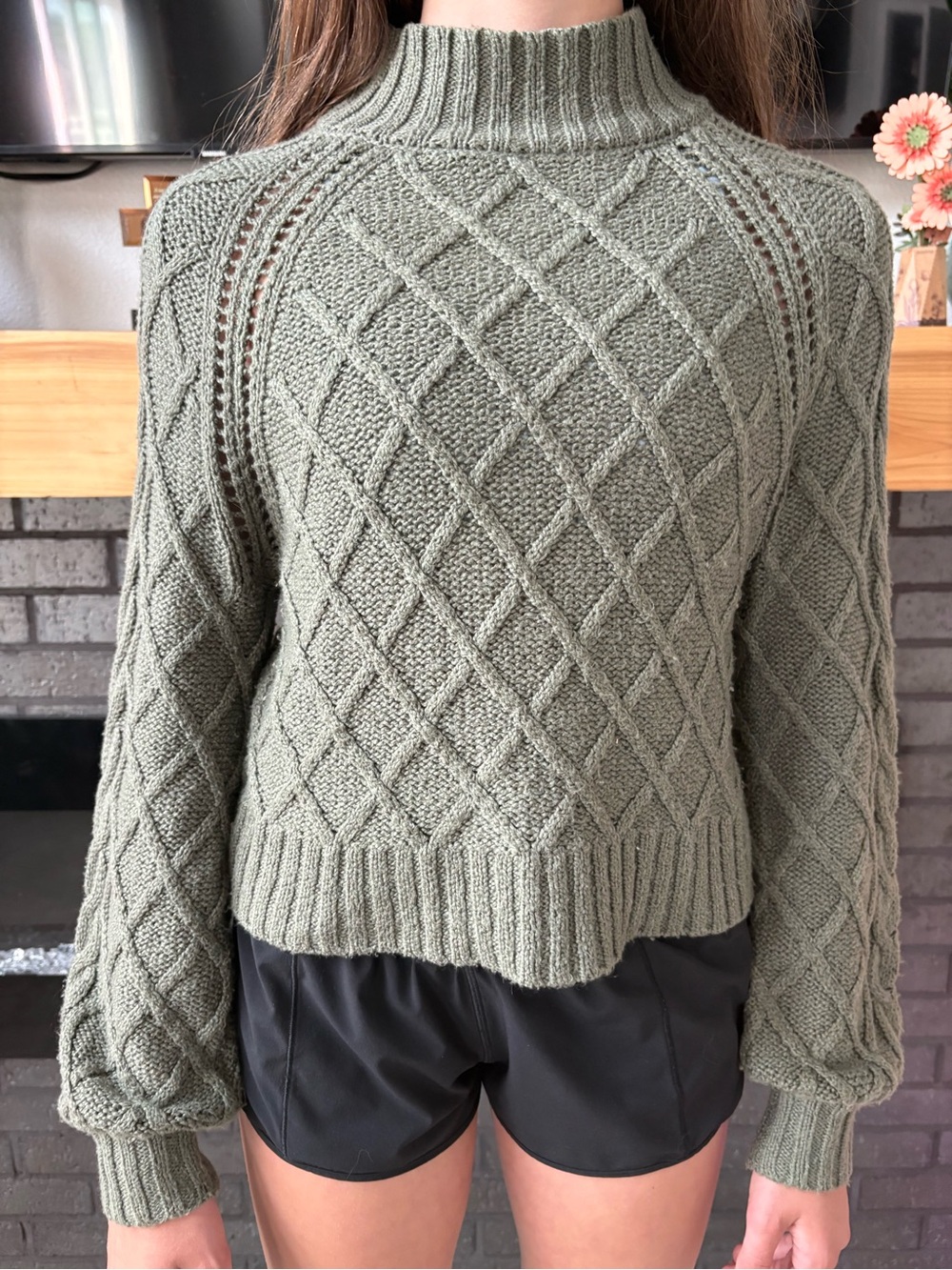American Eagle Outfitters Olive Cable Knit Mock Neck Sweater